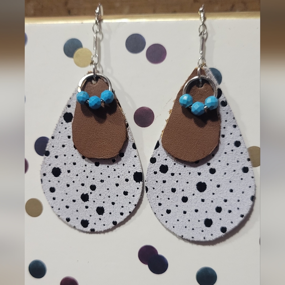Spotted Leather Teardrop Earrings with Blue Beads